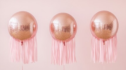 Poster - Rose gold balloons adorned with pink fringe set against a soft pastel background perfect for celebrations and party decorations.