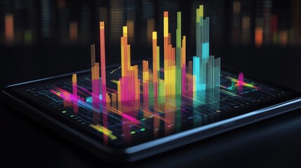 Poster - An interactive D bar chart on a financial analyst's tablet, showing real-time stock market data, with bars growing to represent profit increases.