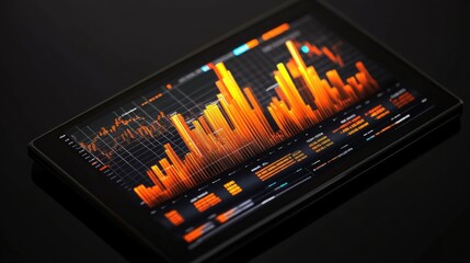 Poster - An interactive D bar chart on a financial analyst's tablet, showing real-time stock market data, with bars growing to represent profit increases.