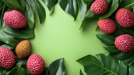 Aufkleber - Vibrant Lychee Fruits Surrounded by Monstera Leaves on Green Background with Blank Space for Text or Design