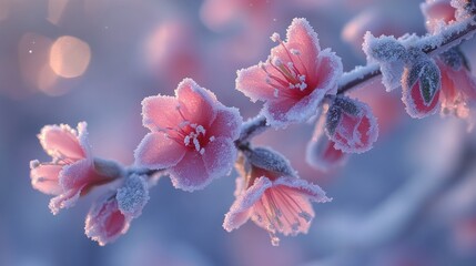 Canvas Print - Frosty pink blossoms sunrise garden card