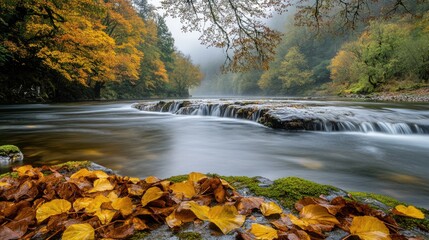 Aufkleber - Autumn riverbank landscape with glistening water yellow leaves and misty background capturing serene beauty of nature
