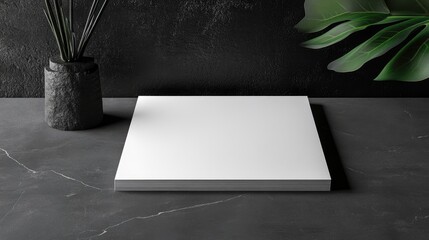 Wall Mural - Minimalist Notepad Displayed on a Dark Stone Surface with Green Plant and Modern Pot for Elegant Office Decor