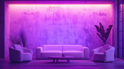 Aufkleber - Modern loft interior design mockup showcasing ultraviolet walls, white furniture, and an industrial aesthetic with concrete accents.