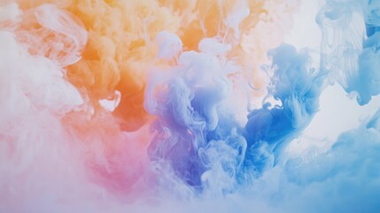 Poster - Colorful Smoke Patterns Flowing Elegantly on a White Background in Soft Pastel Shades of Pink Blue and Orange