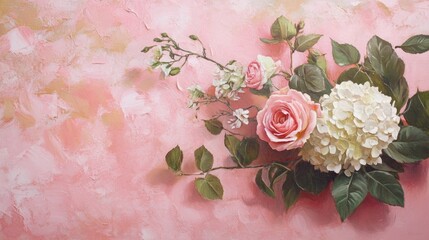 Poster - Elegant composition of rose and hydrangea flowers against a soft pink background showcasing floral beauty and delicate color harmony.