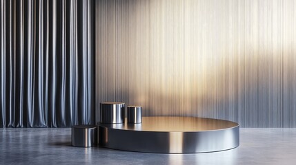 Aufkleber - Modern metallic podium in a sophisticated indoor space featuring a polished surface and elegant curtain backdrop.