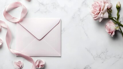 Aufkleber - Elegant envelope mockup with pink ribbon and roses on a marble surface for branding and stationery design presentations.