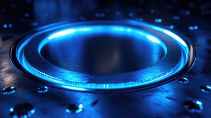 Poster - Illuminated smooth metallic surface with dramatic blue lighting and water droplets creating a futuristic appearance.