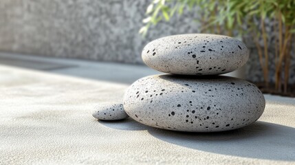 Poster - textured round stones stacked on a light background with natural greenery in the scene
