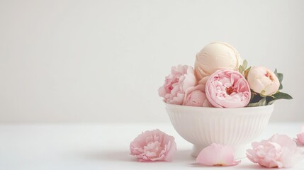 Poster - Rose and Peony Ice Cream in Elegant Bowl Surrounded by Fresh Flowers on Soft White Background