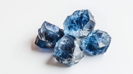 Poster - Natural rough sapphire gemstones in various shades of blue displayed on a clean white background.