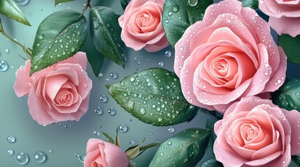 Poster - Close-up of delicate pink roses with droplets on lush green leaves perfect for wedding floral arrangements and designs