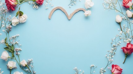 Aufkleber - Heart-shaped design of wooden plank adorned with delicate flowers on a light blue background perfect for romantic themes and occasions.