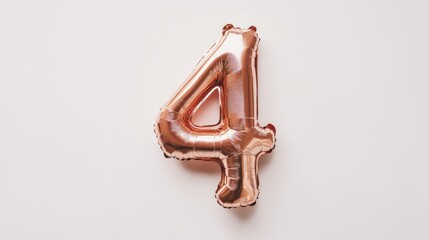Poster - Rose gold helium balloon shaped as number four against a clean white background ideal for birthday celebrations or event decoration.