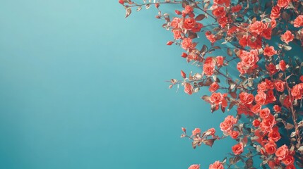 Poster - Vibrant rose bush in full bloom against a serene blue background with ample empty space for text or design elements.