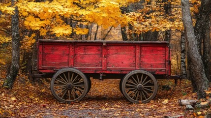 Poster - Rustic Red Wagon Surrounded by Vibrant Autumn Foliage in a Scenic Woodland Setting