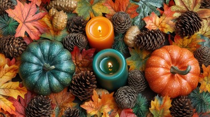 Aufkleber - Autumn flat lay featuring vibrant pumpkins candles and pinecones ideal for seasonal greeting card designs and fall-themed promotions