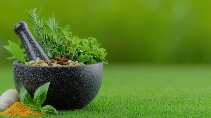 Wall Mural - Fresh Herbs and Spices in Mortar with Green Background for Culinary Use