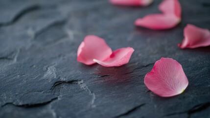 Poster - Delicate Pink Flower Petals on Dark Slate Surface Evoking Serenity and Hopefulness