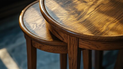 Poster - Elegant Close-Up of Nesting Small Wooden Tables Showcasing Rich Grain and Warm Tones in Natural Light Interior Setting