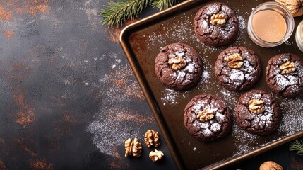Poster - Chocolate walnut cookies with powdered sugar on baking sheet dark background festive setting with empty space for text