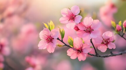 Poster - Tranquil blossoms showcasing the serene beauty of pink flowers in a peaceful garden setting during springtime.