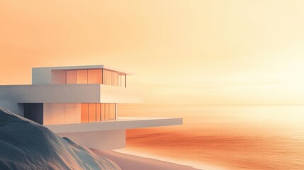 Aufkleber - Tranquil Coastal Scene with Minimalist Architecture and Soft Focus Effect Capturing International Style at Sunset