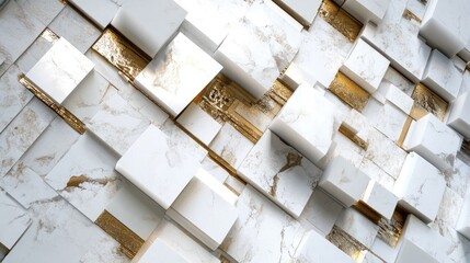 Aufkleber - Modern textured wall featuring a blend of white and gold metallic squares in a sleek and sophisticated design.