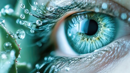 Poster - Succulent and Water Droplets Close Up of a Vibrant Eye with Detailed Textures and Light Reflections in a Nature-inspired Setting