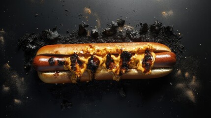 Poster - Gourmet hot dog with charred texture served on a dark surface showcasing grilled perfection and rich flavors