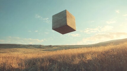 Aufkleber - Floating geometric box in serene landscape with golden fields and blue sky at dawn creating a surreal and minimalistic atmosphere