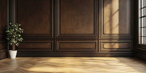 Aufkleber - Vintage interior featuring brown walls and natural light ideal for showcasing text or design elements in a spacious and elegant setting.