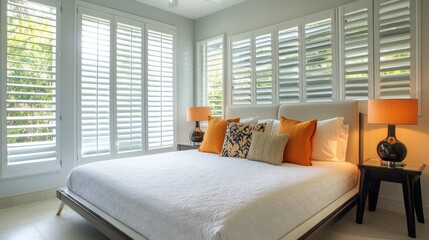 Aufkleber - Modern bedroom design featuring a sleek glass bed, stylish plantation shutters, and vibrant orange accents for a fresh and inviting atmosphere.