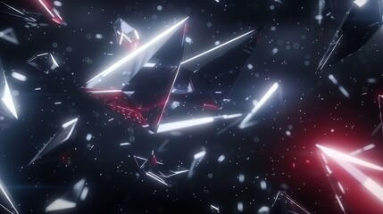 Poster - Abstract composition of sharp, reflective shards floating in a dark, cosmic background with light