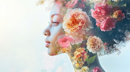 Poster - Floral Portrait and Dreamy Background with Artistic Double Exposure Effect of a Woman's Profile