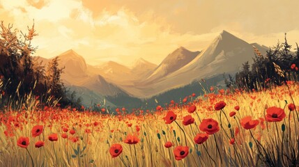 Aufkleber - Tranquil countryside landscape featuring vibrant red poppy fields and majestic mountains under a golden sunset sky