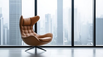 Poster - Modern minimalistic living room with a stylish leather armchair beside a large floor-to-ceiling window showcasing a cityscape view