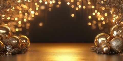 Aufkleber - Elegant gold luxury background featuring festive decorations and bokeh lights ideal for holiday greetings or promotional messages.