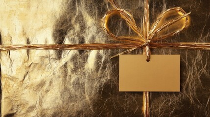 Aufkleber - Elegant gold foil gift wrapping with a blank tag and decorative bow for luxurious presentation and branding opportunities.