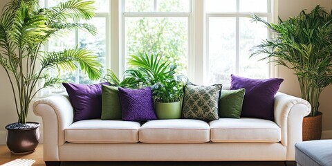 Aufkleber - Elegant living room with cream sofa adorned with colorful pillows tall plants and large windows creating a bright inviting atmosphere