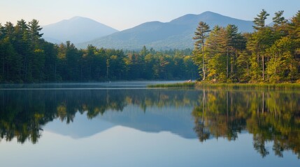 Aufkleber - Tranquil lake reflections showcasing serene pine forest and majestic mountains during a calm morning light