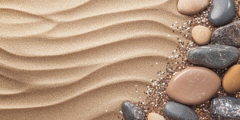 Aufkleber - Elegant Gradient Pebbles on Shimmering Sand Creating a Tranquil Beach Scene with Empty Space for Text or Branding Elements