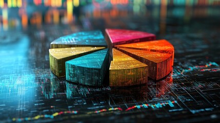 Poster - A futuristic D pie chart rotating slowly, with different sections representing stock market shares, against a digital financial background.