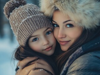 Sticker - Mother and daughter enjoy a warm embrace in snowy weather