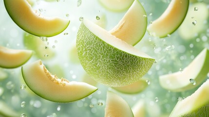 Poster - sliced honeydew melon pieces suspended in mid-air with a refreshing green background creating a vibr