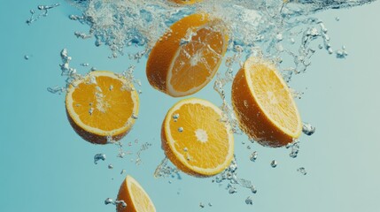 Poster - sliced oranges splashing into water creating dynamic ripples against a serene blue background ideal 