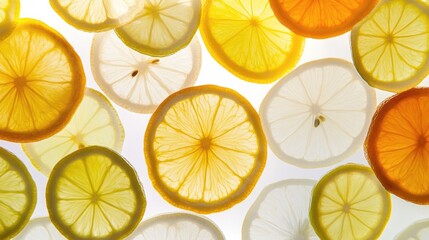 Poster - vibrant slices of lemon arranged on a white background showcasing refreshing citrus colors and textu