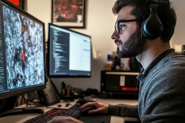 Fototapete - Man coding with dual monitors in a cozy workspace during evening hours