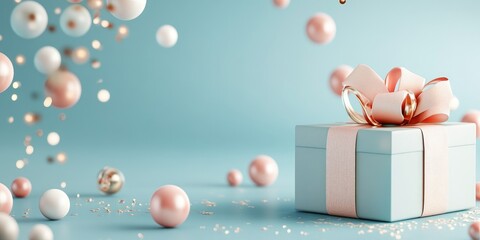 Poster - Elegant Promotional Graphic Featuring a Gift Box with Decorative Elements and Space for Text on a Light Blue Background